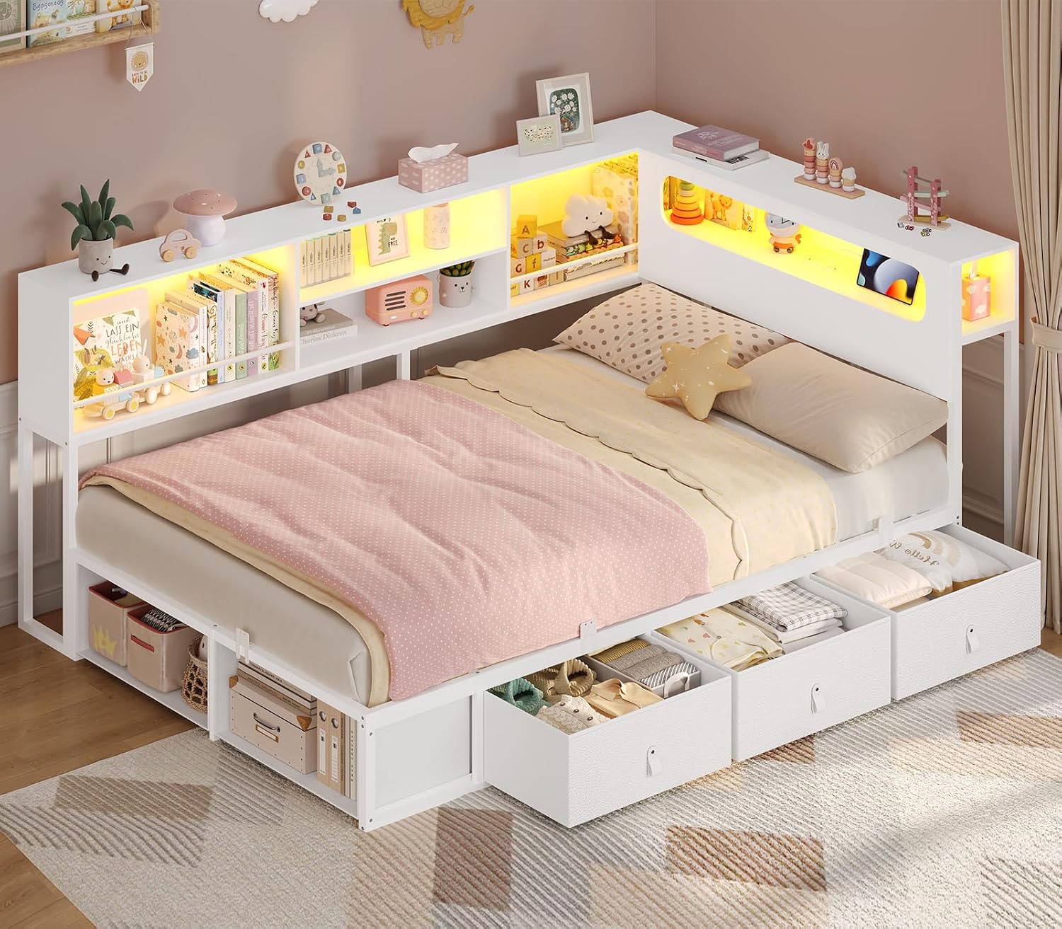 ADORNEVE Twin Corner Bed Frame with Bookcase Storage & LED Light Headboard, Charging Station, Metal Daybed with 3 Drawers & 2 Open Cubbies, for Small Bedrooms, White