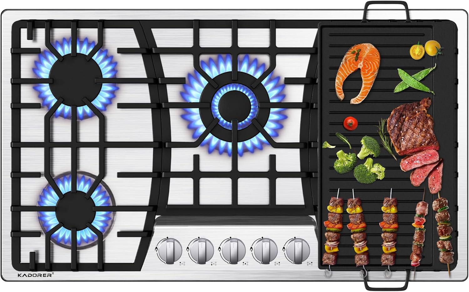 36 inch Gas Cooktop with Griddle, Bulit-in Gas Stove Top with 5 Burner, NG/LPG Convertible Cooktops, 5 Burner Propane Cooktop with Thermocouple Protection, Stainless Steel