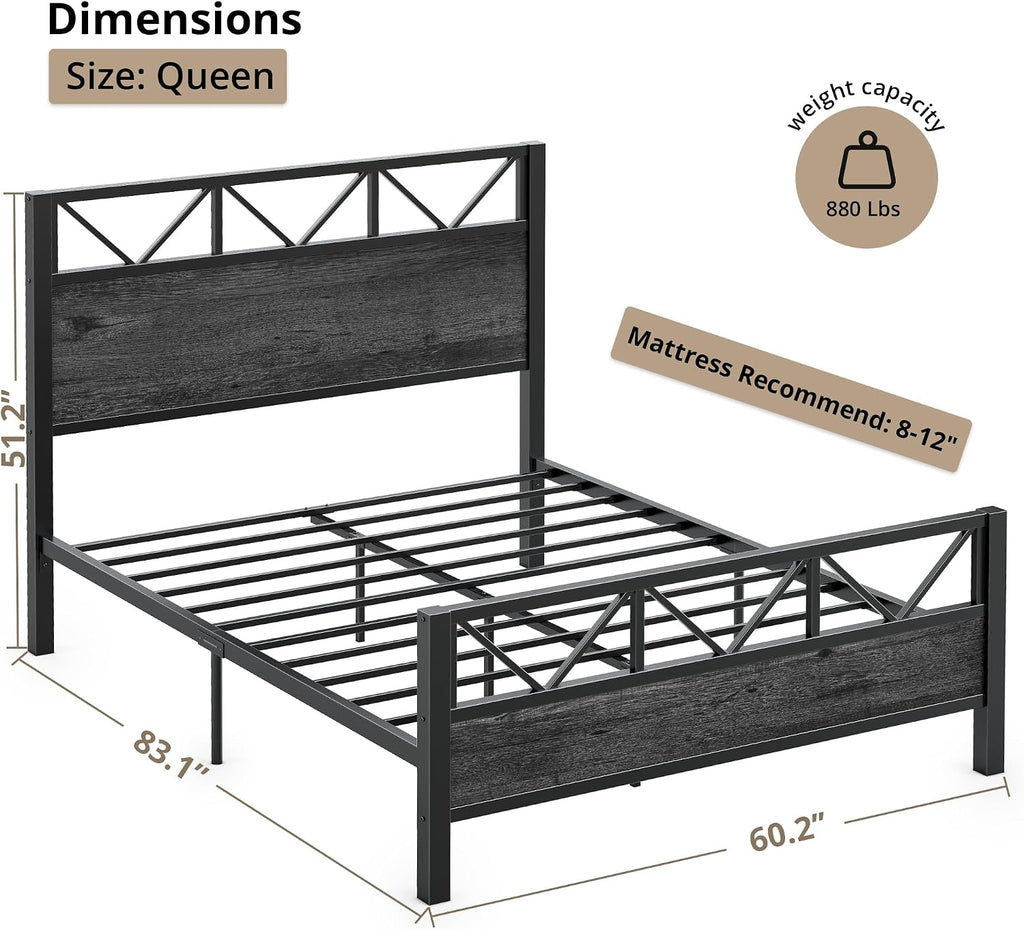 LIKIMIO Queen Bed Frame, Tall Industrial Headboard 51.2 ', Platform Bed Frame with Strong Metal Support, Solid and Stable, Noise Free, No Box Spring Needed, Easy Assembly, Charcoal Grey