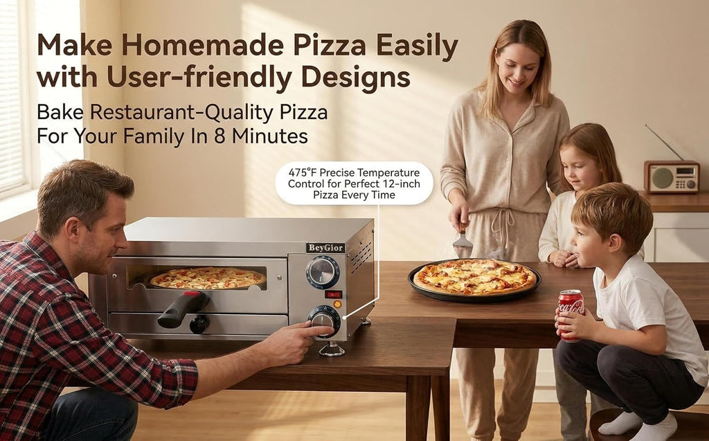 Electric Pizza Oven Indoor,12 inch Countertop Pizza Maker with Viewing Window,Stainless Steel Commercial Pizza Oven, Removable Handle,Dual Baking Trays and Oven Mitts