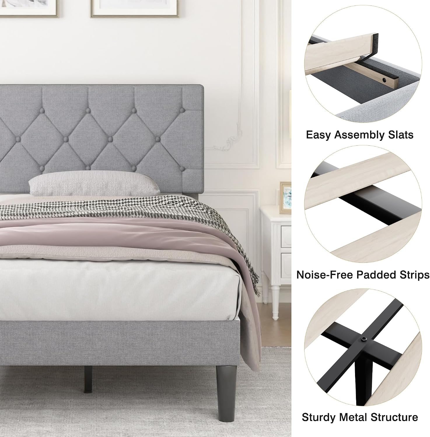 VECELO Twin Bed Frame with Button Tufted Headboard, Upholstered Platform with Wooden Slat Support, No Box Spring Needed, Linen Grey