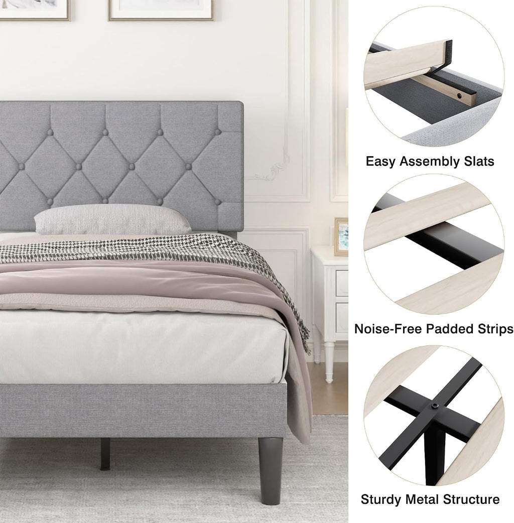VECELO Twin Bed Frame with Button Tufted Headboard, Upholstered Platform Bedframe with Wood Slat Support, No Box Spring Needed, Dark Grey
