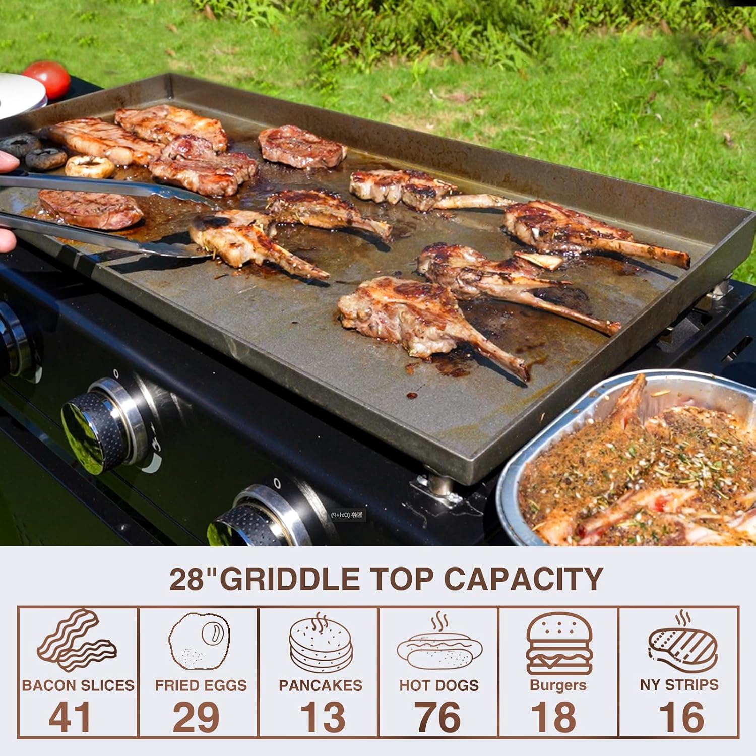 KingChii 28' 3-Burner Griddle with Integrated Protective Hood and Counter Height Side Shelves, Powder Coated Steel, Black