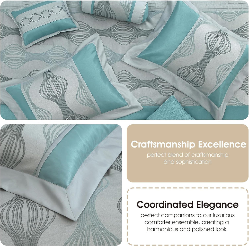Grand Avenue 7 Piece Beige Comforter Set, Queen Size Jacquard Bedding Set, All Season Geometric Patchwork Bedding Set, Matching Pillows, Shams, Bed Skirt