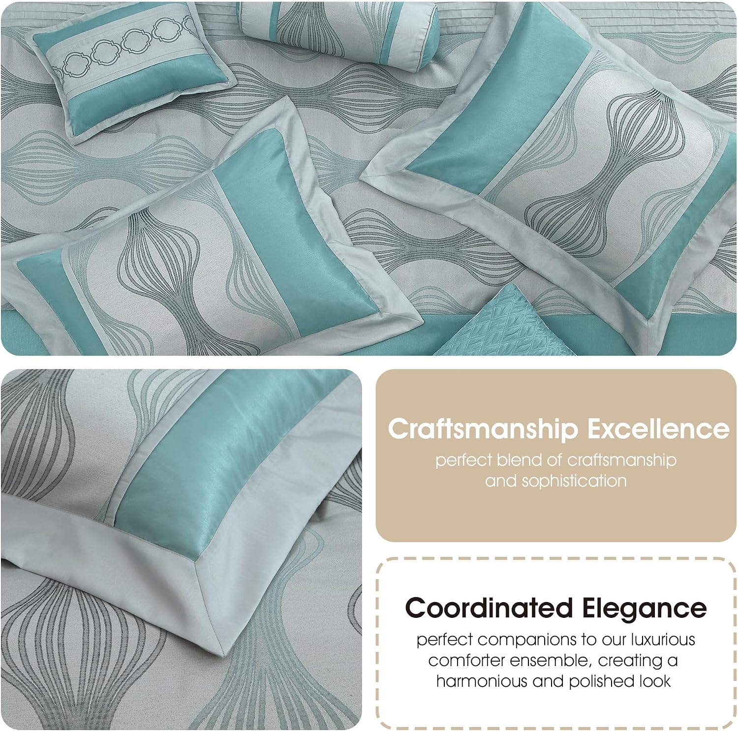 Grand Avenue 7 Piece Beige Comforter Set, Queen Size Jacquard Bedding Set, All Season Geometric Patchwork Bedding Set, Matching Pillows, Shams, Bed Skirt