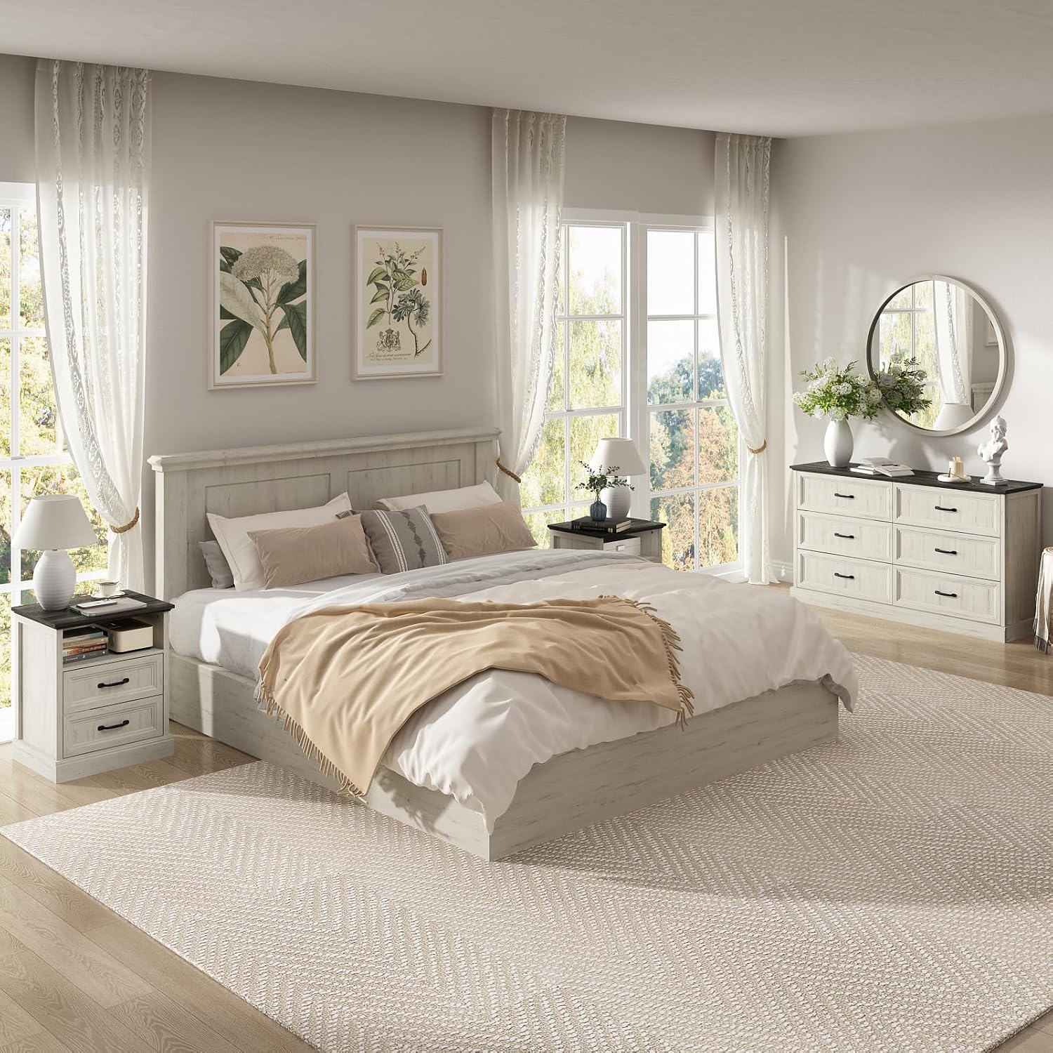 CARPETNAL Farmhouse Dresser and Nightstand Sets for Bedroom, 3 Pcs Bedroom Set, 6 Drawer Dresser & Nightstand Set of 2, Modern Wood Chest of Drawers for Bedroom, Living Room, Entryway, White