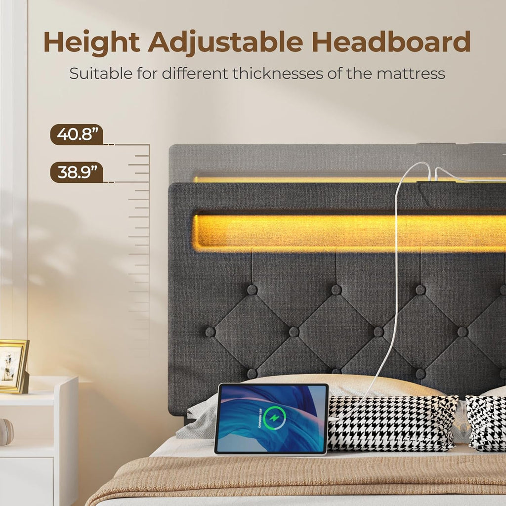 Rolanstar Full Size Bed Frame with Charging Station, LED Bed with Under Bed Storage, Adjustable Headboard 38.9/40.8 Inches, No Box Spring Needed, Noise Free, Easy Assembly, Grey