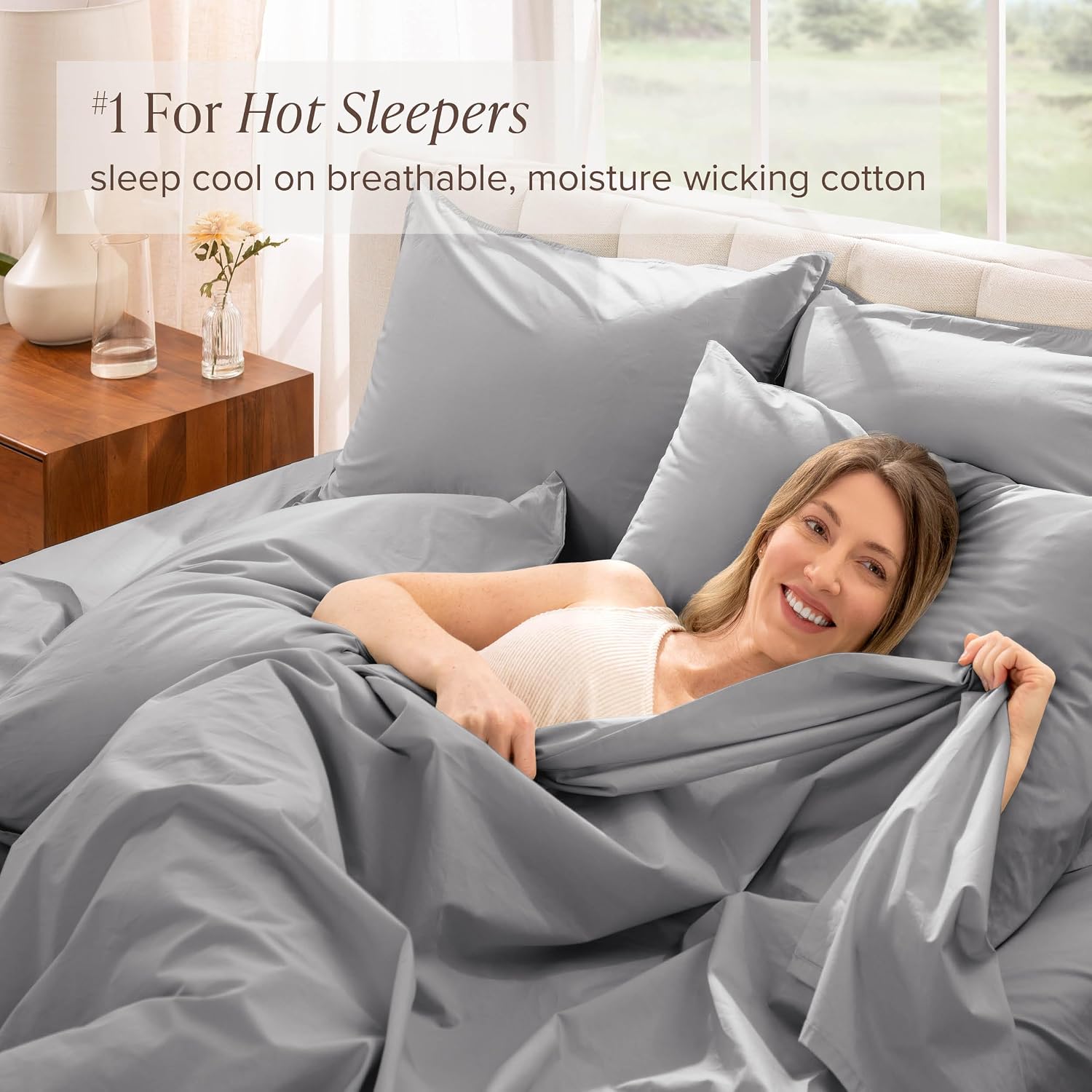 Bare Home 100% Organic Cotton Split King Sheet Set - Crisp Percale Weave - Lightweight & Breathable - Bedding Sheets & Pillowcases (Split King, Light Grey)