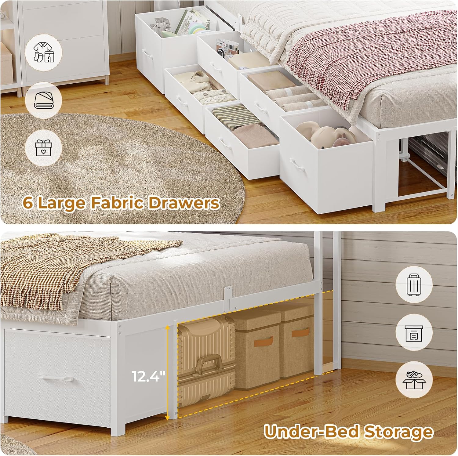 MSmask 14 Inch Corner Bed Frame with Bookcase Storage, Twin XL Daybed with 6 Drawers, Charging Station and LED Light, Twin XL Size Metal Platform Bed Frame for Kids Teenagers, White