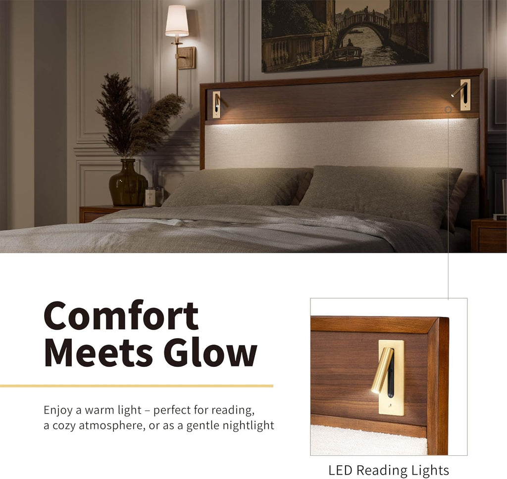 Furniture of America Forma Modern Solid Wood 4-Piece Bedroom Set with Upholstered Bed with LED Lights, Ball-Bearing Glide on Nightstand and Dresser with Mirror, No Box Spring Needed, Queen, Walnut