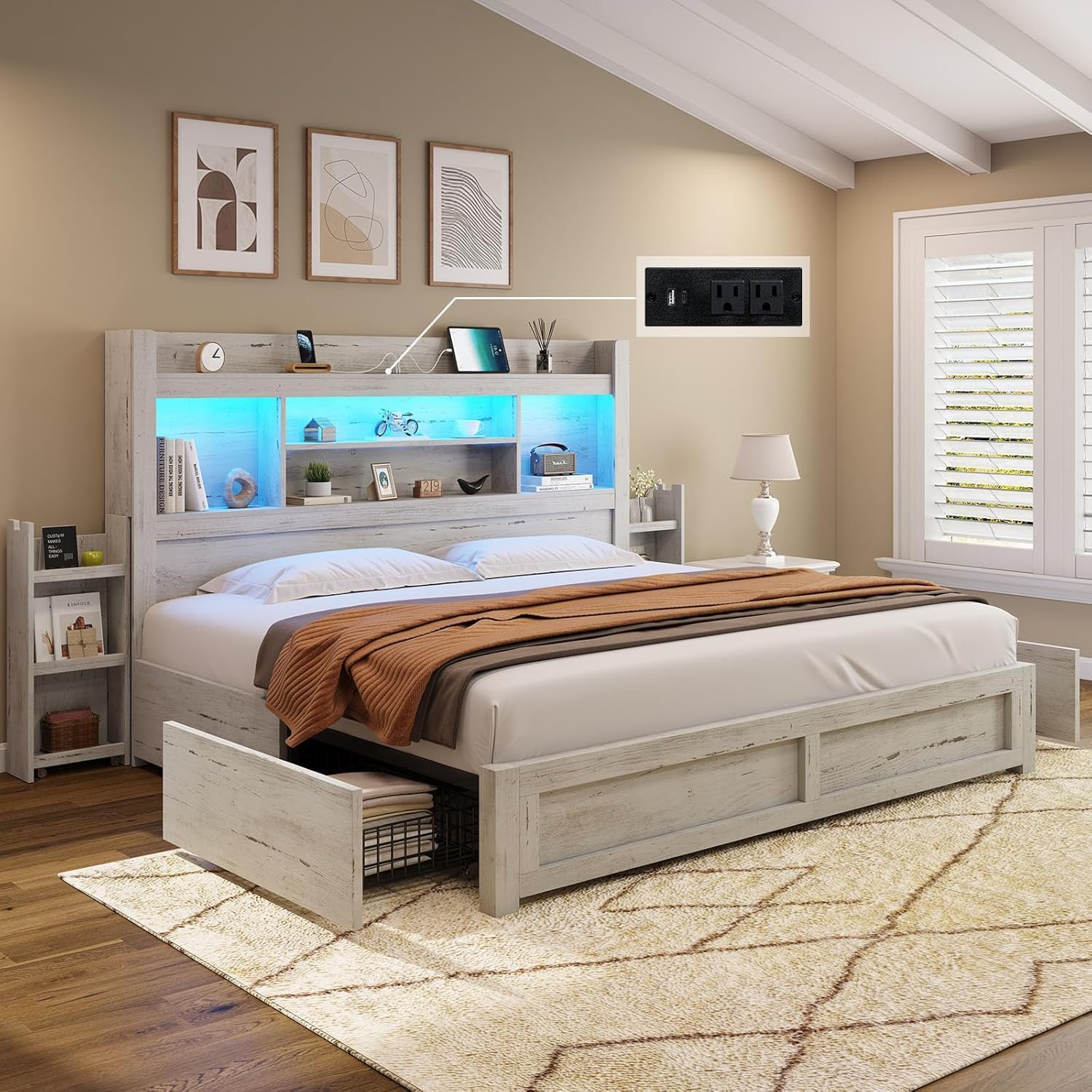AMERLIFE California King Size Bed Frame with 4 Storage Drawers, LED Bed Frame with 49.6' Tall Bookcase Headboard, Wood Platform Bed with Charging Station & 2 Slide Bedside Shelf, Distressed White