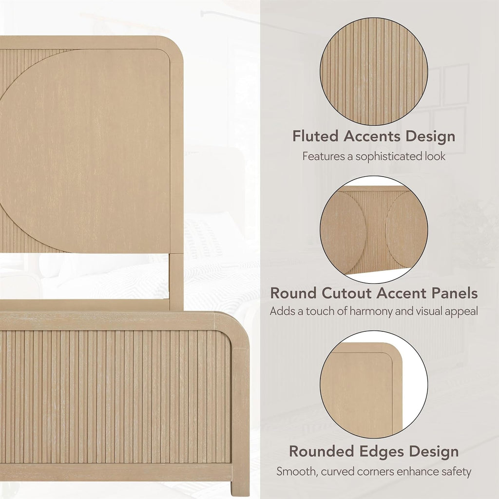 Furniture of America Tissen Modern Solid Wood 6-Piece Queen Bedroom Set with USB Ports, Reeded Panels, Curved Edges and Beveled Mirror, Box Spring Needed, Natural