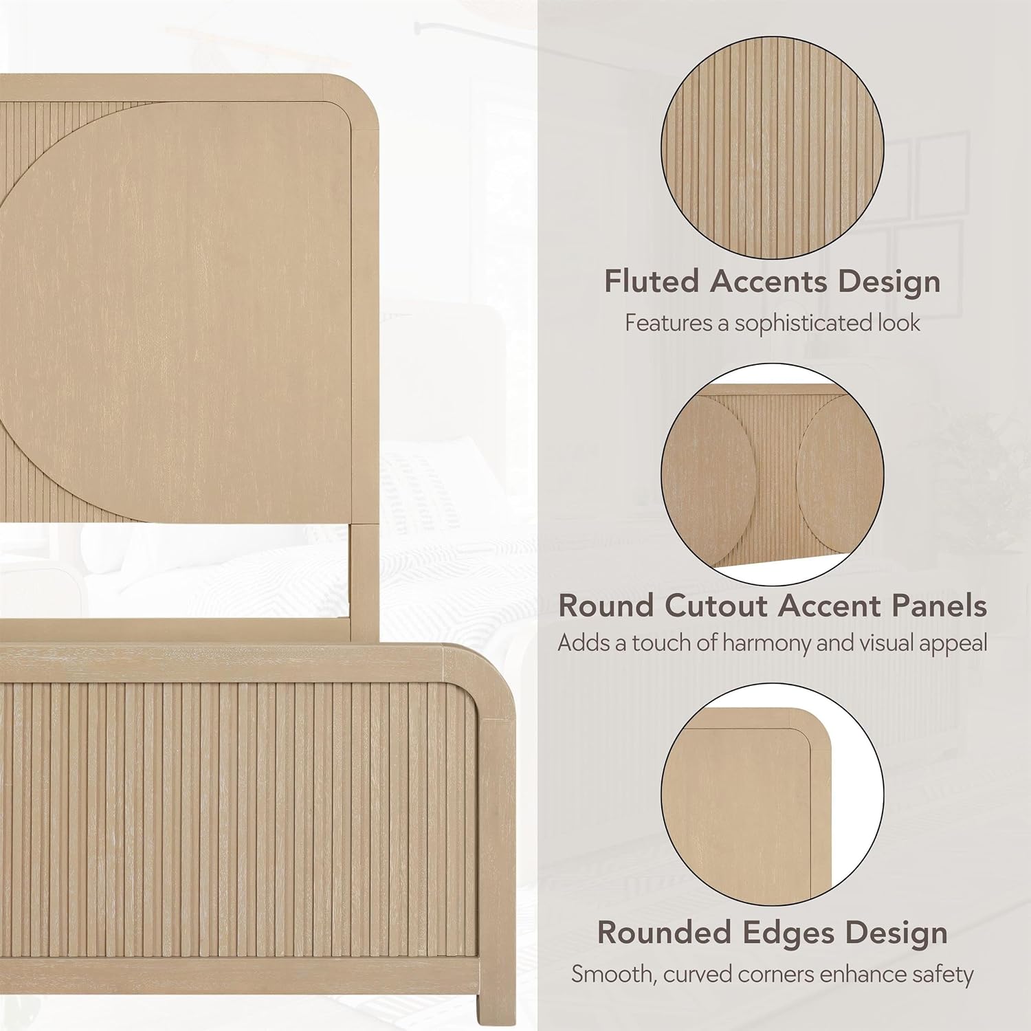 Furniture of America Tissen Modern Solid Wood 6-Piece Queen Bedroom Set with USB Ports, Reeded Panels, Curved Edges and Beveled Mirror, Box Spring Needed, Natural