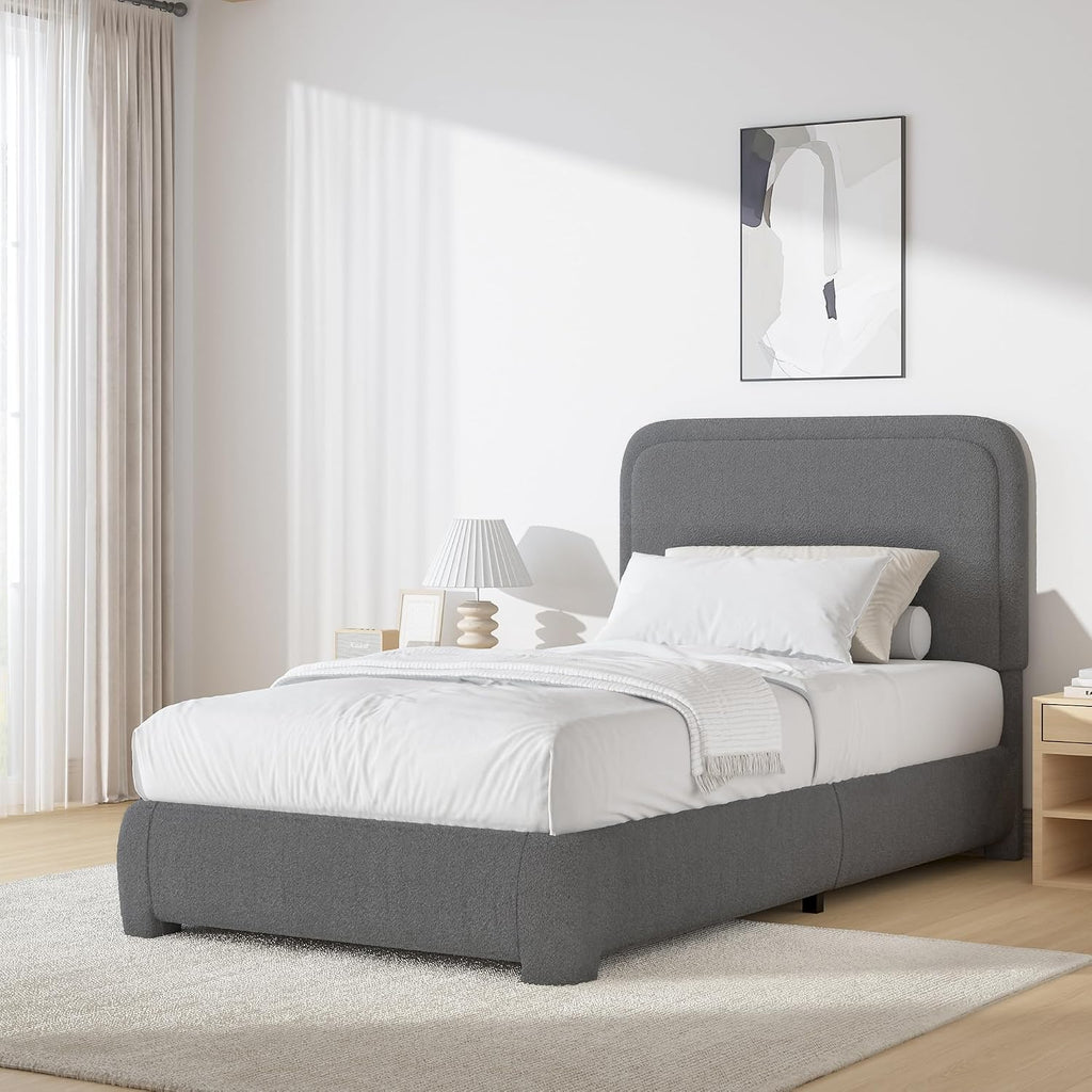 BarnFurin Twin Size Bed Frame, Boucle Upholstered Platform Bed Frame with Headboard, Soft Rounded Corners, No Box Spring Required, Non-Slip and Noise-Free, Easy Assembly, Dark Grey
