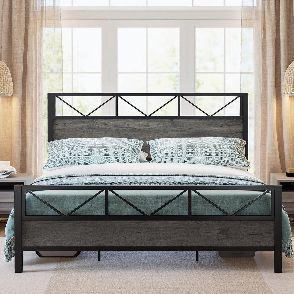 LIKIMIO California King Bed Frame, Tall Industrial Headboard 51.1 ', Platform Bed Frame with Strong Metal Support, Solid and Stable, Noise Free, No Box Spring Needed, Easy Assembly, Charcoal Grey