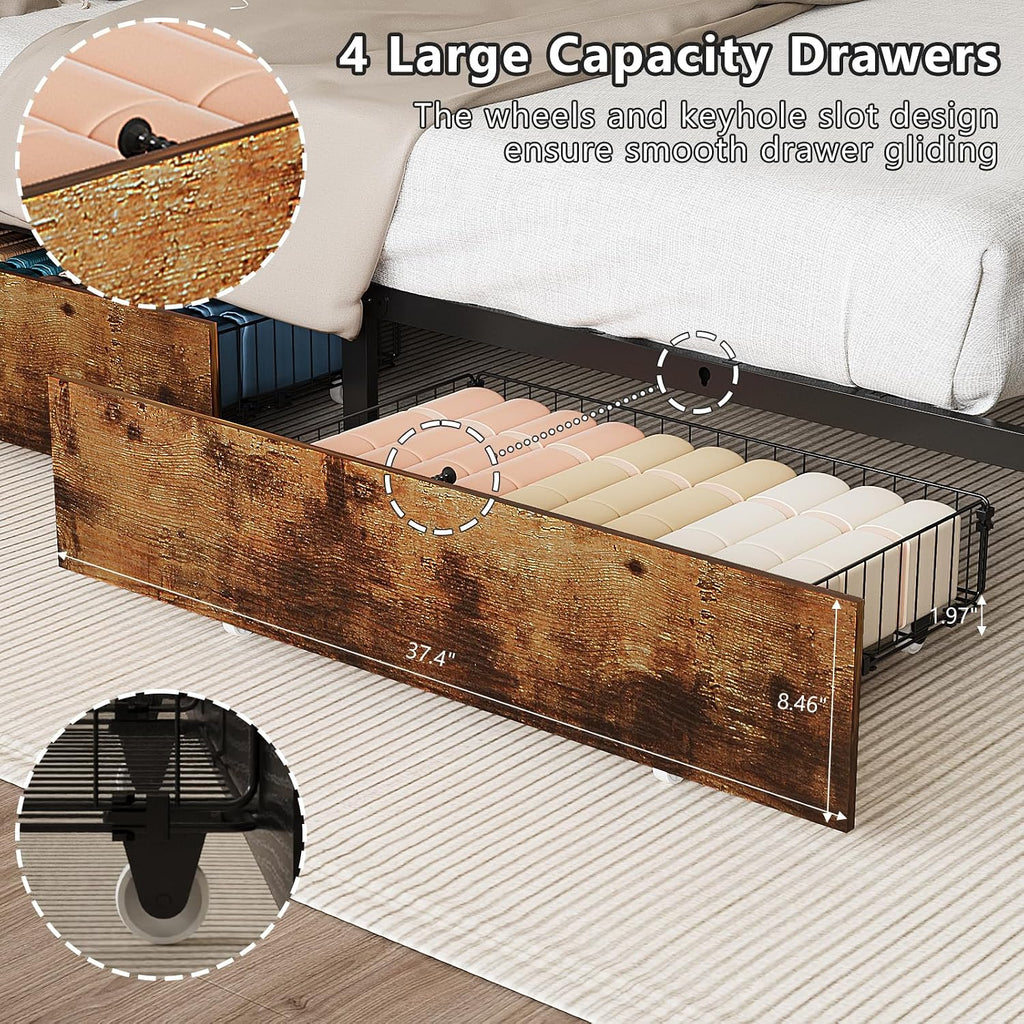 VINGLI Bed Frame Twin Size Set of 2with 4 Storage Drawers and Storage Headboard, Metal Platform with Charging Station and LED Lights, No Box Spring Needed, Easy Assembly, Vintage Brown
