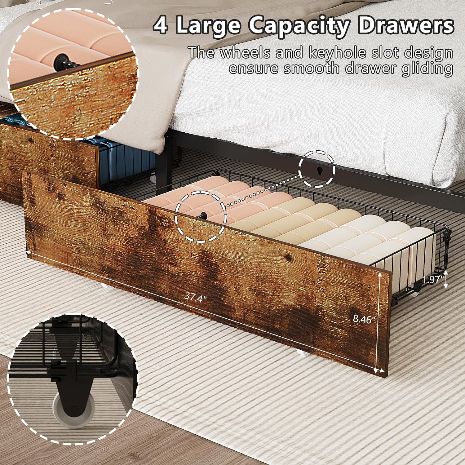 VINGLI Bed Frame Twin Size Set of 2with 4 Storage Drawers and Storage Headboard, Metal Platform with Charging Station and LED Lights, No Box Spring Needed, Easy Assembly, Vintage Brown