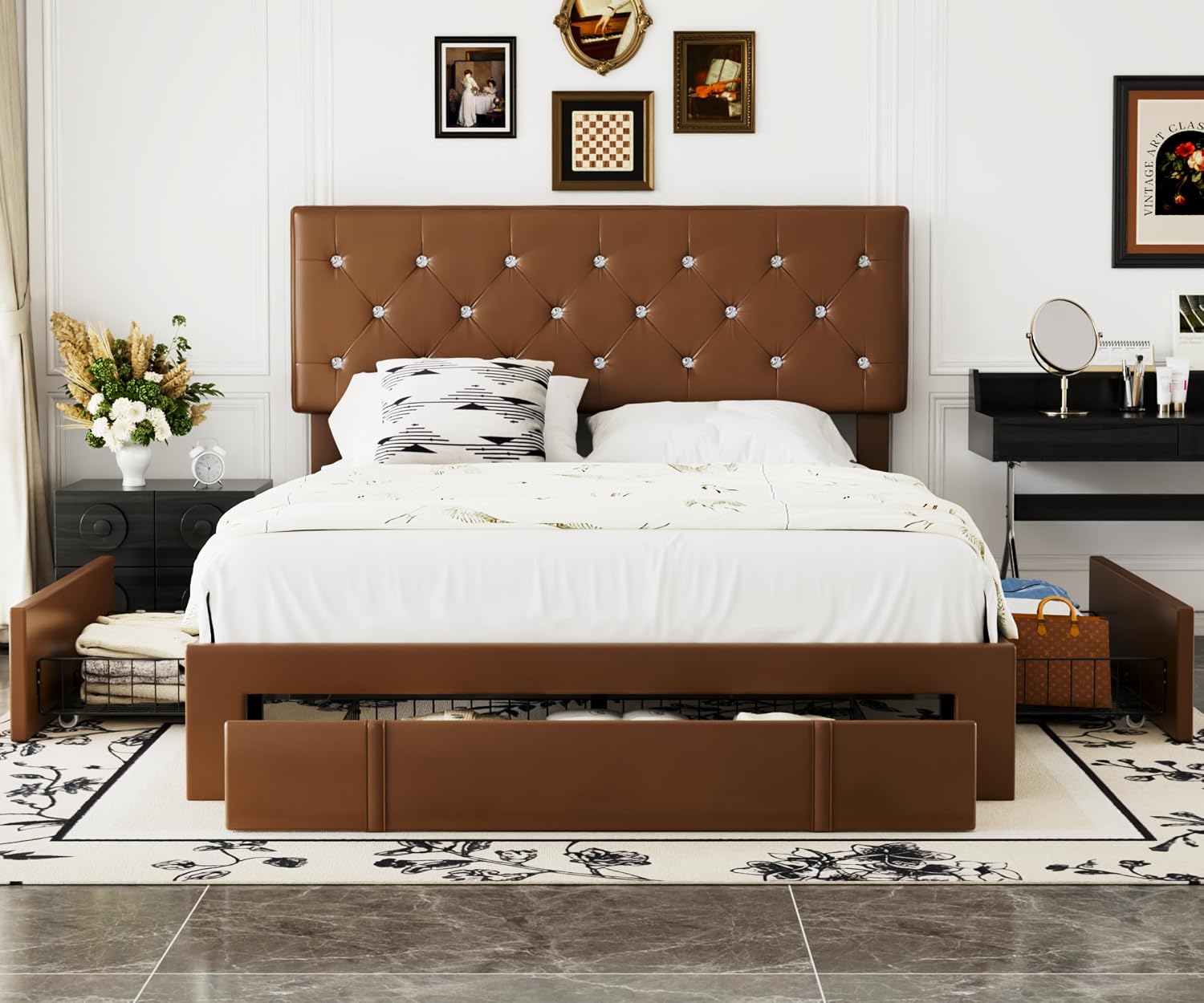 VECELO Full Size Bed Frame with 3 Storage Drawers, Leather Upholstered with Diamond Tufted Headboard, Solid Wood Slat Support & Steel Framework, PU & Brown