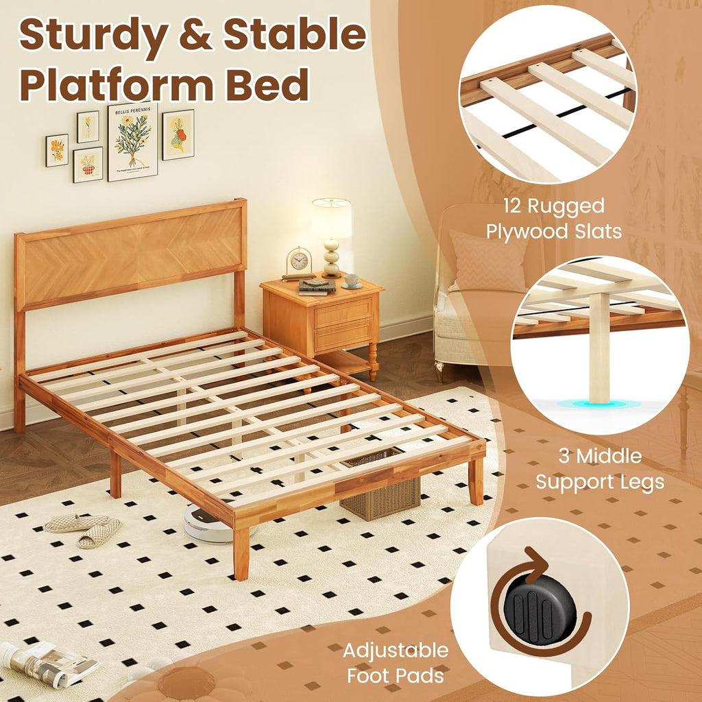 Giantex Wood Full Size Bed Frame with Headboard, Solid Acacia Wood Platform Bed with 12 Strong Wooden Slat Support, Scandinavian Style Art Deco Full Bed Frame, No Box Spring Needed, Rustic Brown