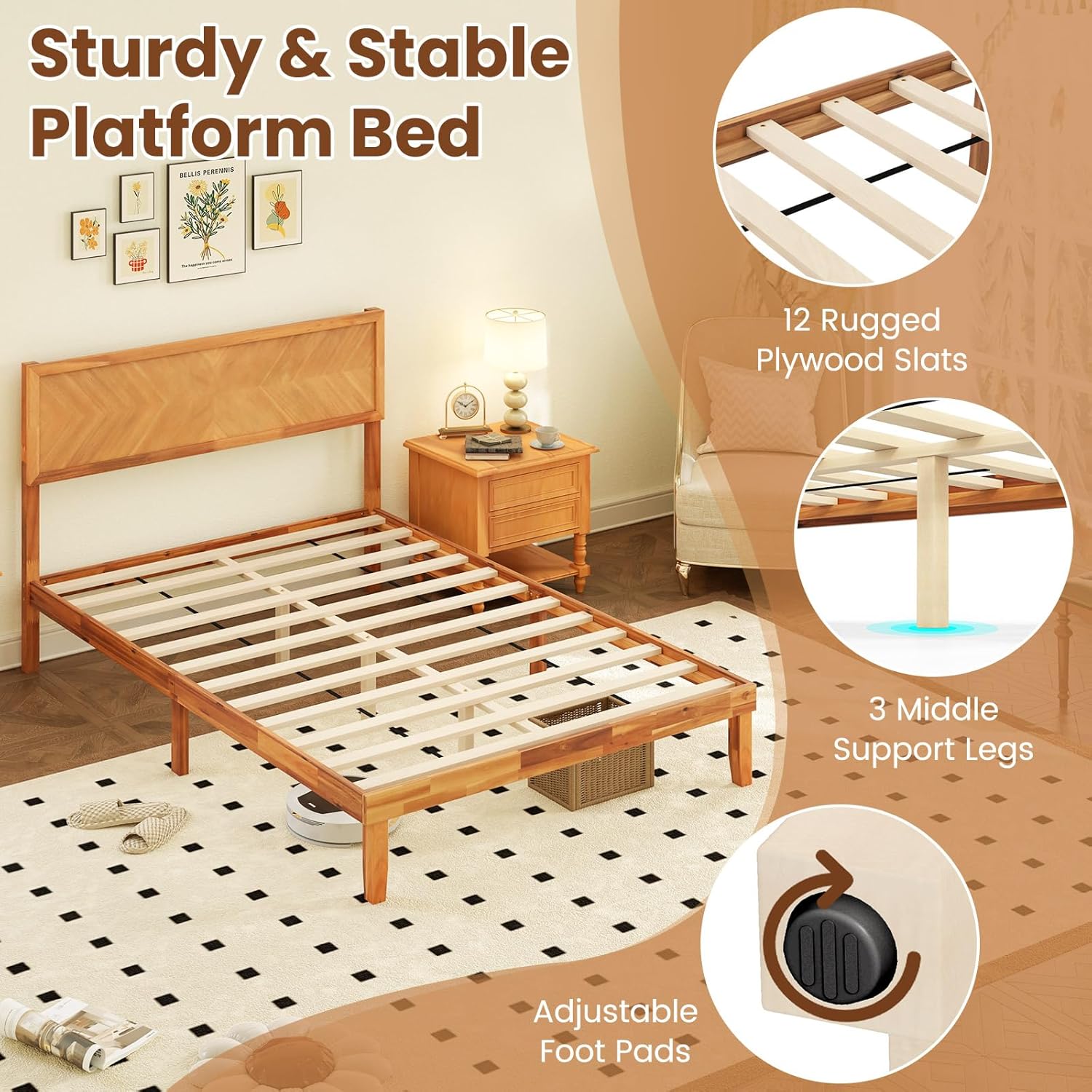 Giantex Wood Full Size Bed Frame with Headboard, Solid Acacia Wood Platform Bed with 12 Strong Wooden Slat Support, Scandinavian Style Art Deco Full Bed Frame, No Box Spring Needed, Rustic Brown