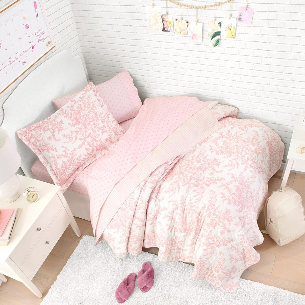 Laura Ashley - Twin Size Bedding Bundle, Reversible Quilt with Matching Pillowcases & Cotton Percale Sheet Set, Floral Bedding with a Crisp & Cool Feel (Pink)