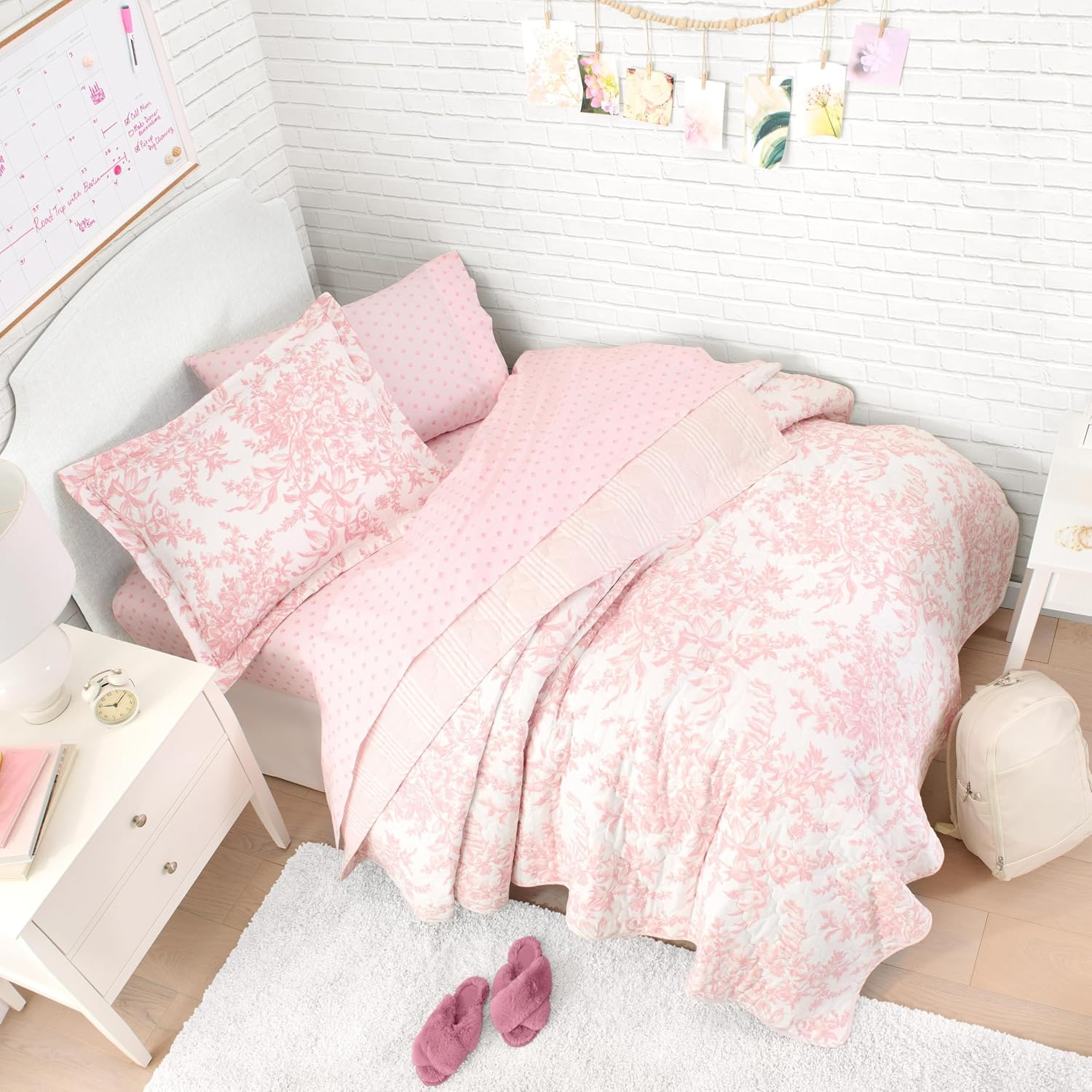 Laura Ashley - Twin Size Bedding Bundle, Reversible Quilt with Matching Pillowcases & Cotton Percale Sheet Set, Floral Bedding with a Crisp & Cool Feel (Pink)