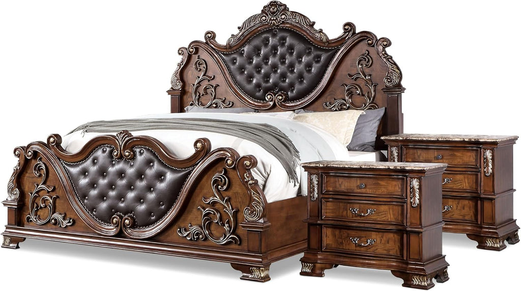 Furniture of America Clairibel Wood 3-Piece Bedroom Set, Queen-Size Bed with Button-Tufted Headboard, Marble Top Nightstand & Dovetail Drawers, Box Spring Required, Brown Cherry