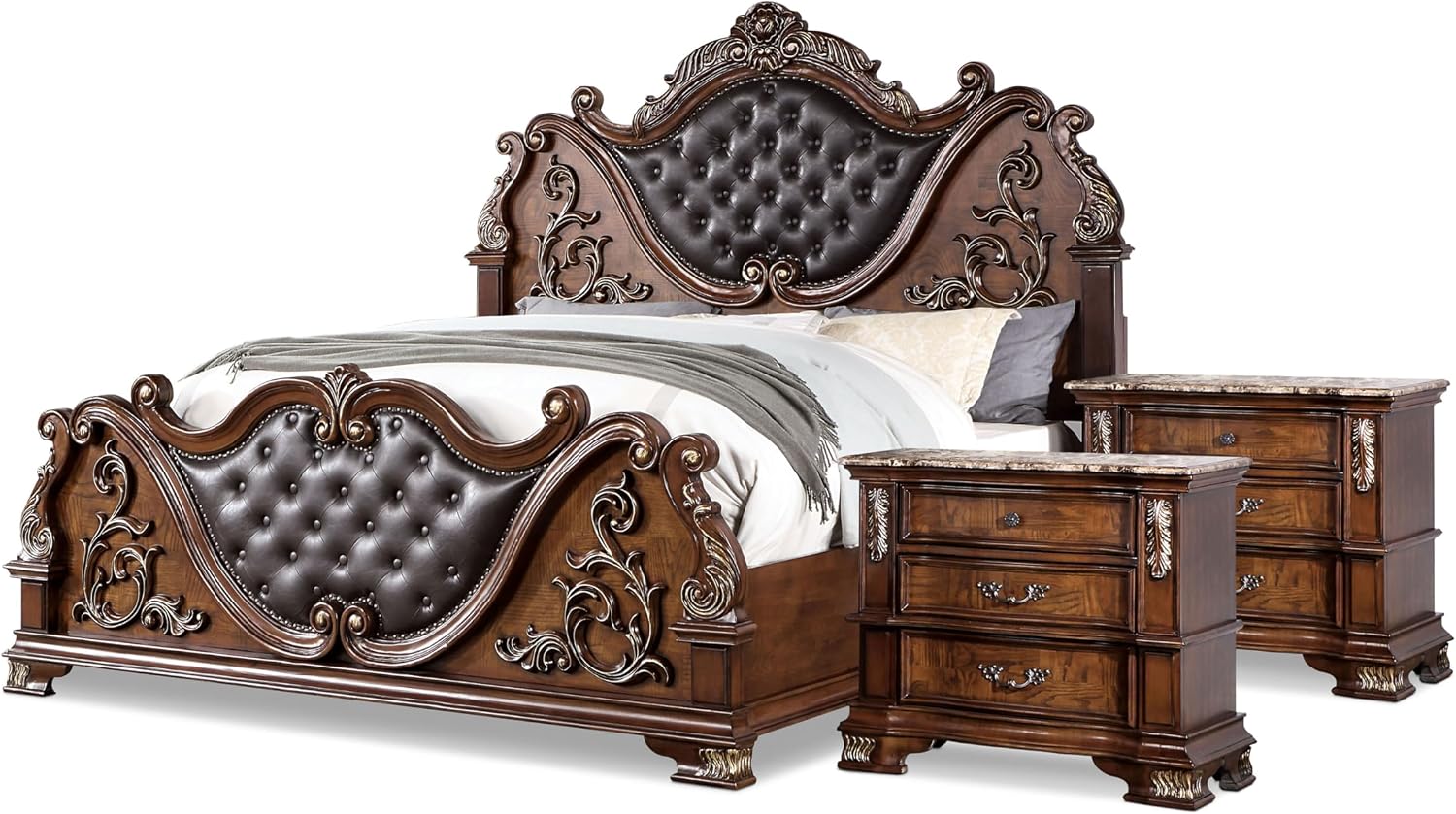 Furniture of America Clairibel Wood 3-Piece Bedroom Set, Queen-Size Bed with Button-Tufted Headboard, Marble Top Nightstand & Dovetail Drawers, Box Spring Required, Brown Cherry