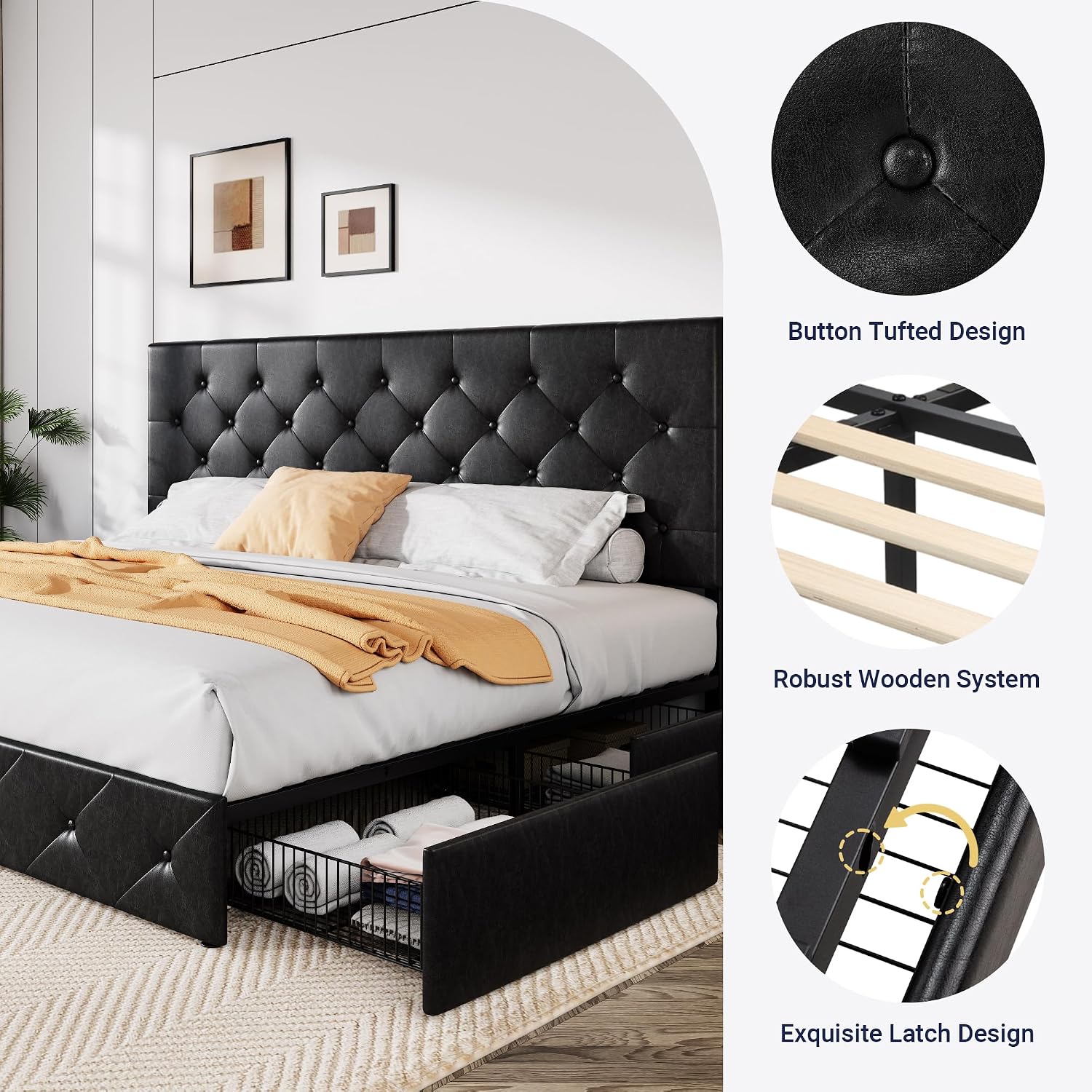 Allewie King Size Black Metal Faux Leather Platform Bed Frame with 4 Drawers
