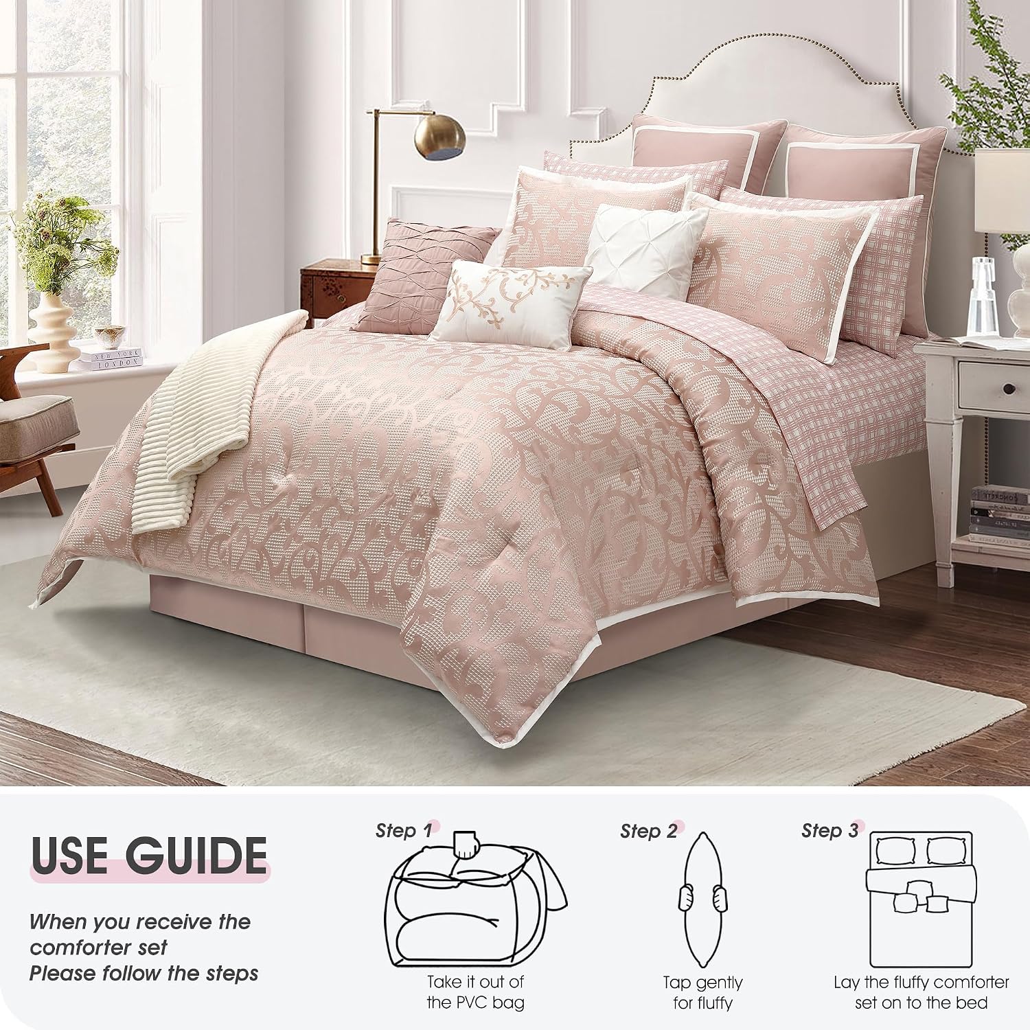 LANCO MODERN LIFESTYLE Blush King Size Comforter Set, Classic Jacquard Floral 14 Pieces Bedding Set, Ultra Soft for All Seasons, Sheets, Bedskirt, Throw, Matching Shams and Decor Pillows