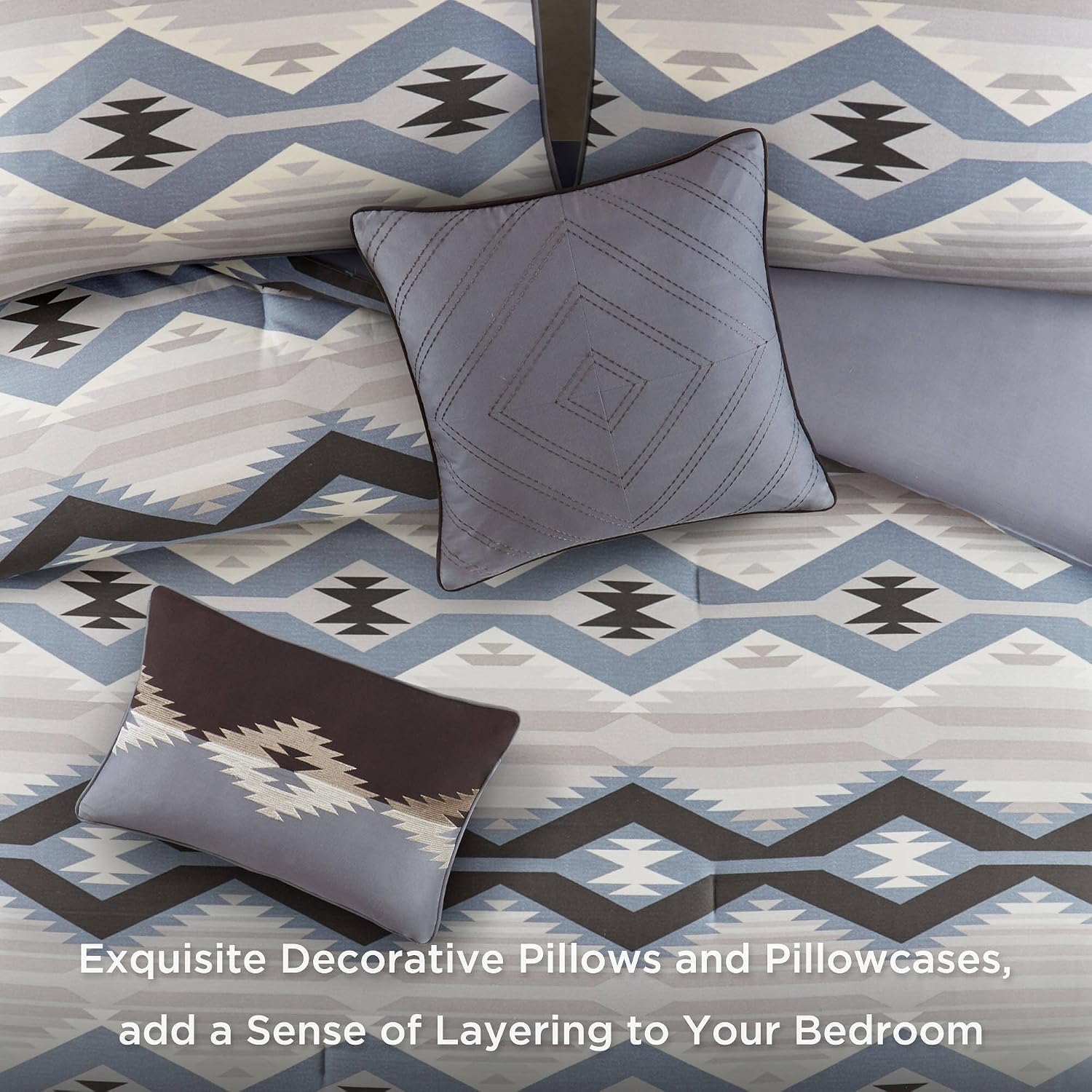 Woolrich Queen Comforter Set, Southwestern Aztec 8 Piece Bedding Set, Oversized All Season Down Alternative Comforter with Shams, Euro Shams, Decorative Pillows & Bedskirt, Rustic Cabin, Blue