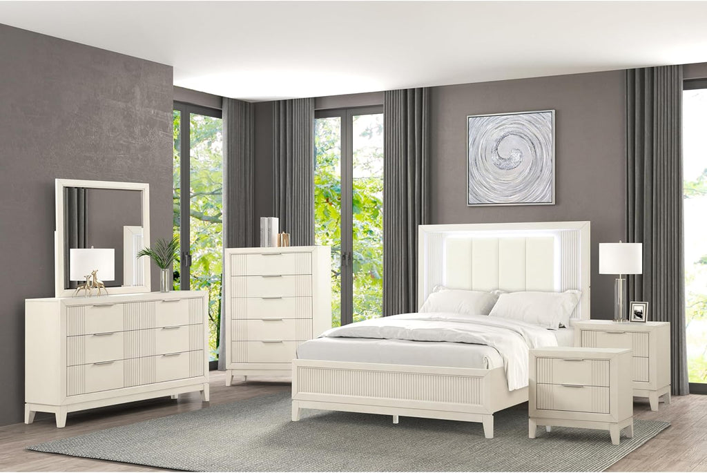 Furniture of America Oberlin Modern Solid Wood 6-Piece Bedroom Set with LED on Padded Fabric Headboard, Vertical Channel Tufting, Chrome Finger Pulls, Box Spring Needed, Queen, Antique White