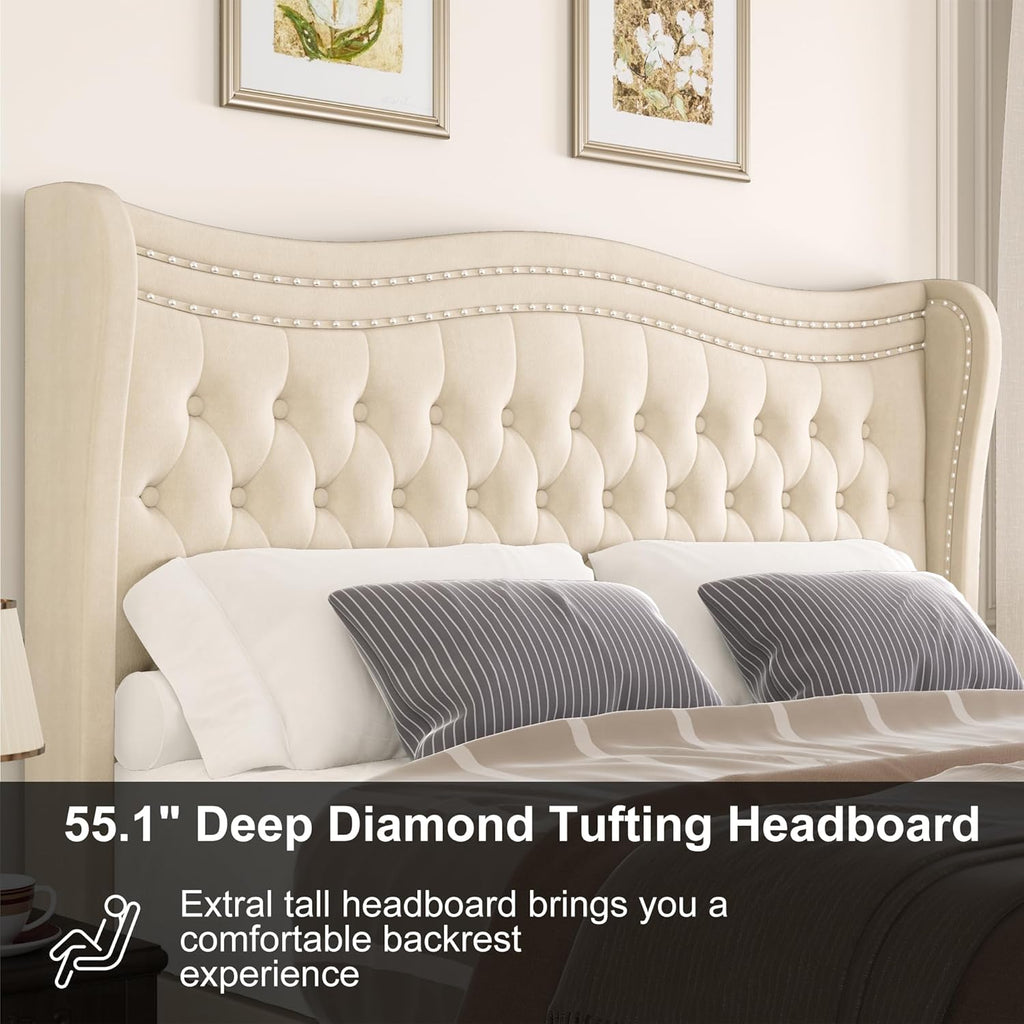 Upholstered King Size Bed Frame with Tall Headboard, Velvet Wingback Platform Bed Frame with Deep Button Tufted, No Box Spring Needed, Noise Free, Beige