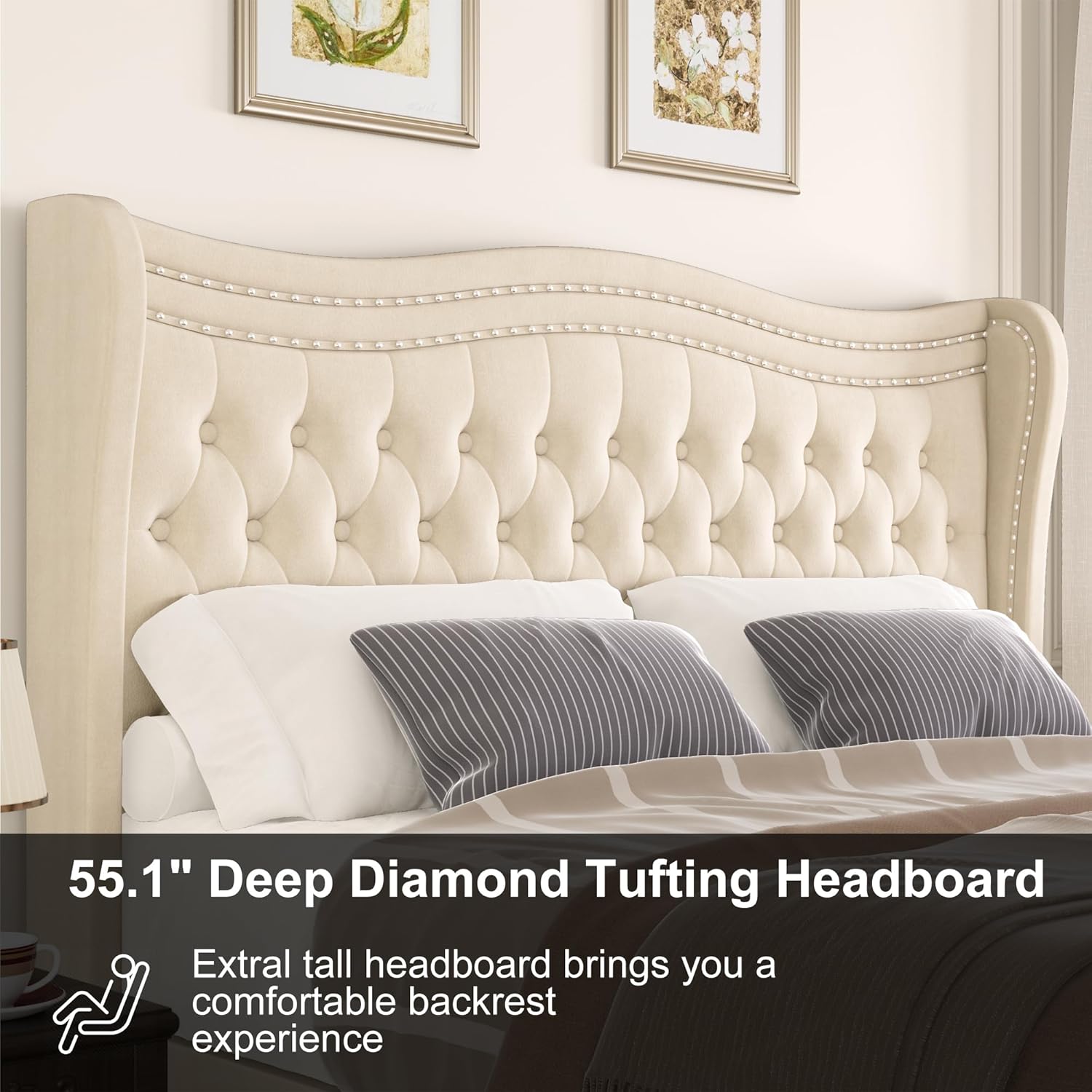 Upholstered King Size Bed Frame with Tall Headboard, Velvet Wingback Platform Bed Frame with Deep Button Tufted, No Box Spring Needed, Noise Free, Beige