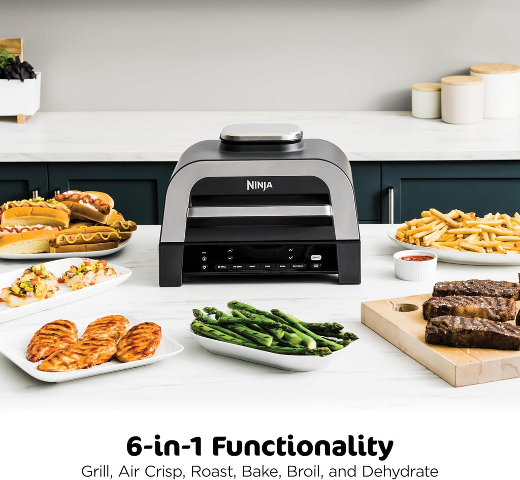 Ninja DG551 Foodi Smart XL 6-in-1 Indoor Grill with Air Fry, Roast, Bake, Broil, & Dehydrate, Foodi Smart Thermometer, 2nd Generation, Black/Silver