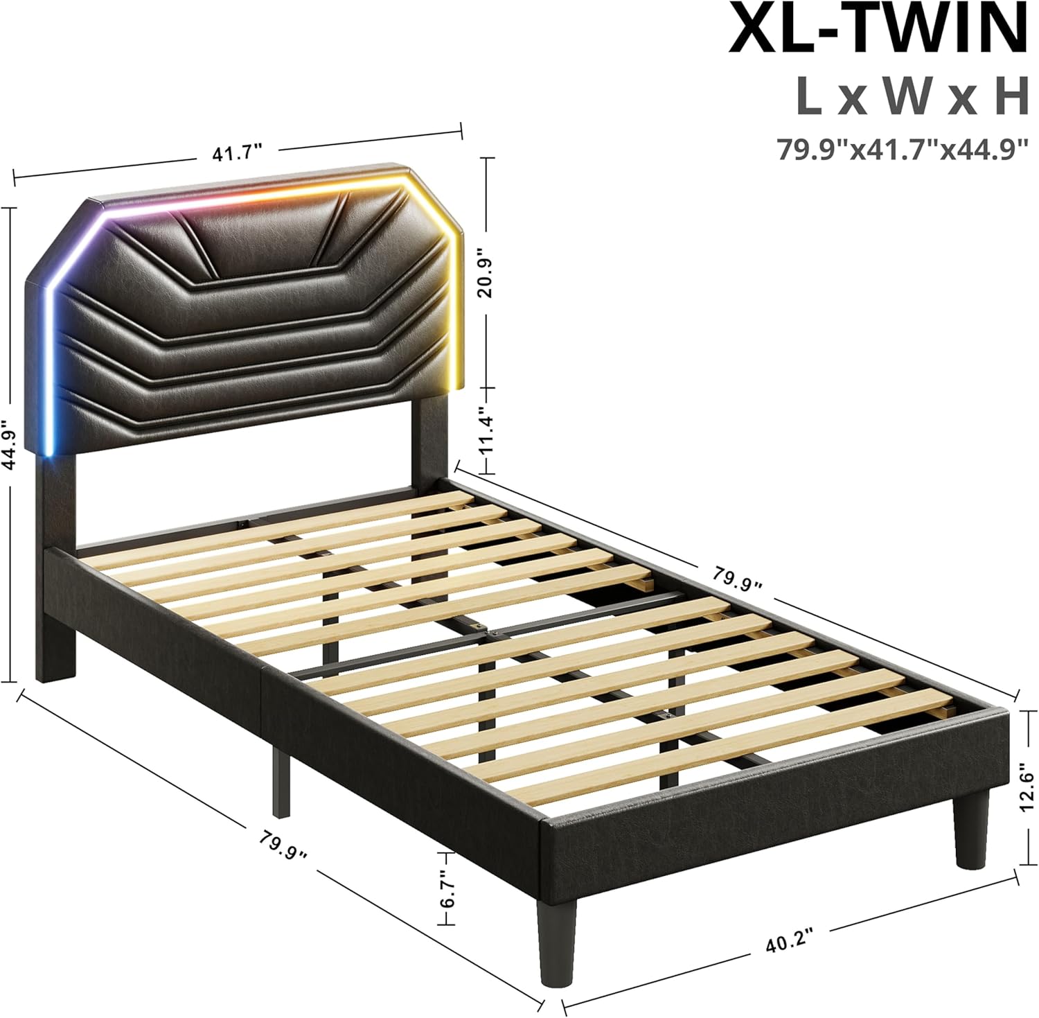 LIKIMIO Twin XL Bed Frames with LED Light Headboard, Upholstered Modern Cama Twin XL Platform Bed Frame with Heavy Duty Supports, No Box Spring Need, Noise Free, Easy Assembly, Black