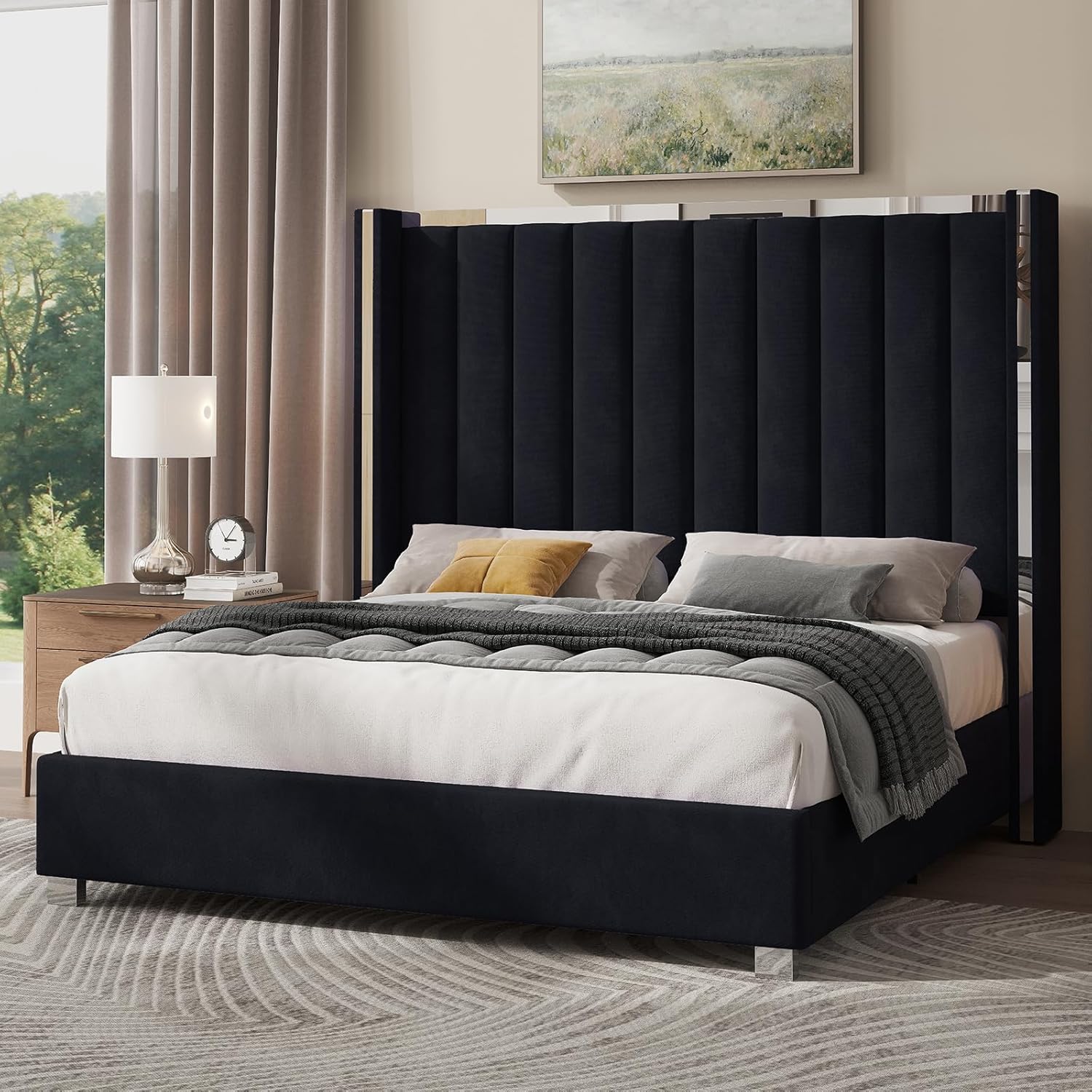 Jocisland Queen Size Bed Frame with 58' Tall Headboard, Velvet Upholstered Platform Bed with Channel Tufted Wingback Headboard and Plating Trim, No Box Spring Needed, Black