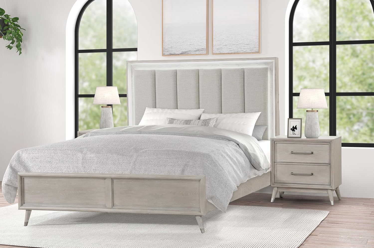 Roundhill Furniture Seluna 3-Piece Bedroom Set with Touch LED Lighting, Gray Oak Finish, King