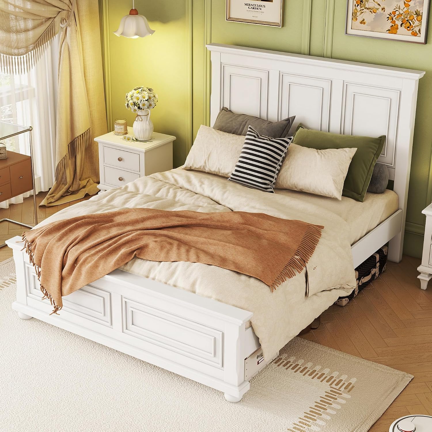 Mirightone Farmhouse Queen Bed Frame with Tall Headboard and Footboard, White Wood Bed Frames Queen with Under Bed Storage, Noise-Free, No Box Spring Needed, White