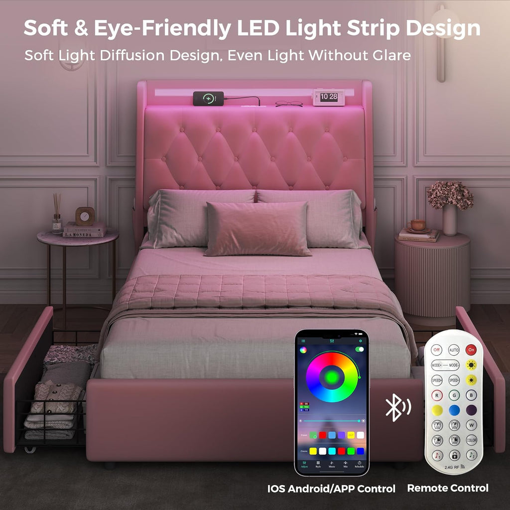 Twin LED Velvet Bed Frame with 2 Storage Drawers&Hidden Headboard, Upholstered Platform Bed with Charging Station&Button Tufted Design, Wooden Slats Support, Box Spring Optional, Easy Assembly, Pink