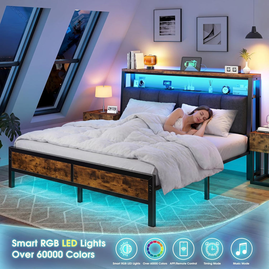 Queen Bed Frame with Charging Station,Bed Frame Queen Size with LED Linghts Have Upholstered Storage Headboard and 12' Under-Bed Storage, Providing Noise-Free and No-Sliding Support,Vintage Brown