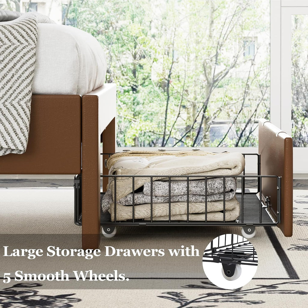 VECELO Twin Size Bed Frame with Storage Drawers, Leather Upholstered with Diamond Tufted Headboard, Solid Wood Slat Support, No Box Spring Needed, PU & Brown