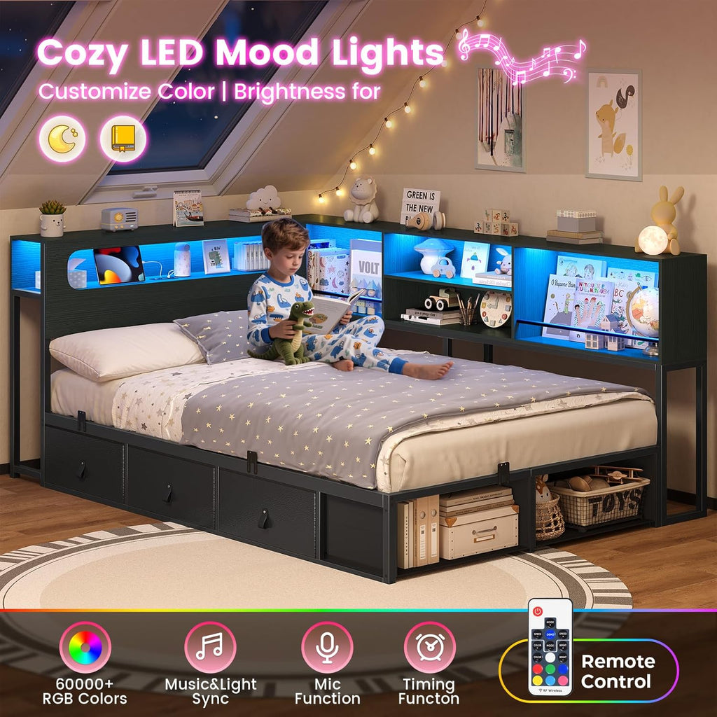 ADORNEVE Twin Corner Bed Frame with Storage Bookcase & LED Light Headboard, Charging Station, Metal Daybed with 3 Drawers & 2 Open Cubbies, for Small Bedrooms, Black