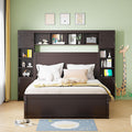 Queen Storage Bed with Bookcase Headboard, Queen Size Platform Bed with Trundle and 2 Storage Drawers, Solid Wood Queen Size Bed Frame with Cabinet and Shelf, No Box Spring Needed (Espresso)