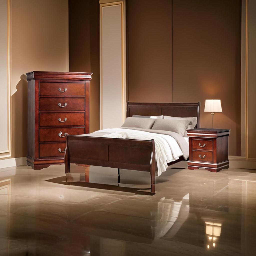 Benjara POY Three PC Full Size Bedroom Set-Metal Hanging Pulls-Cherry Brown Wood