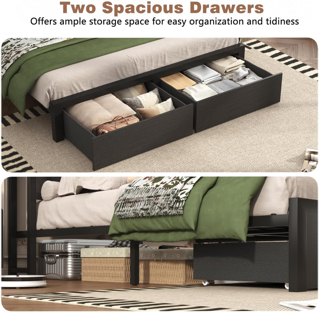 Incyneva Farmhouse Queen Bed Frame with Bookcase Storage Headboard, Charging Station, LED Light and 2 Storage Drawers, Noise Free, No Box Spring Needed, Black