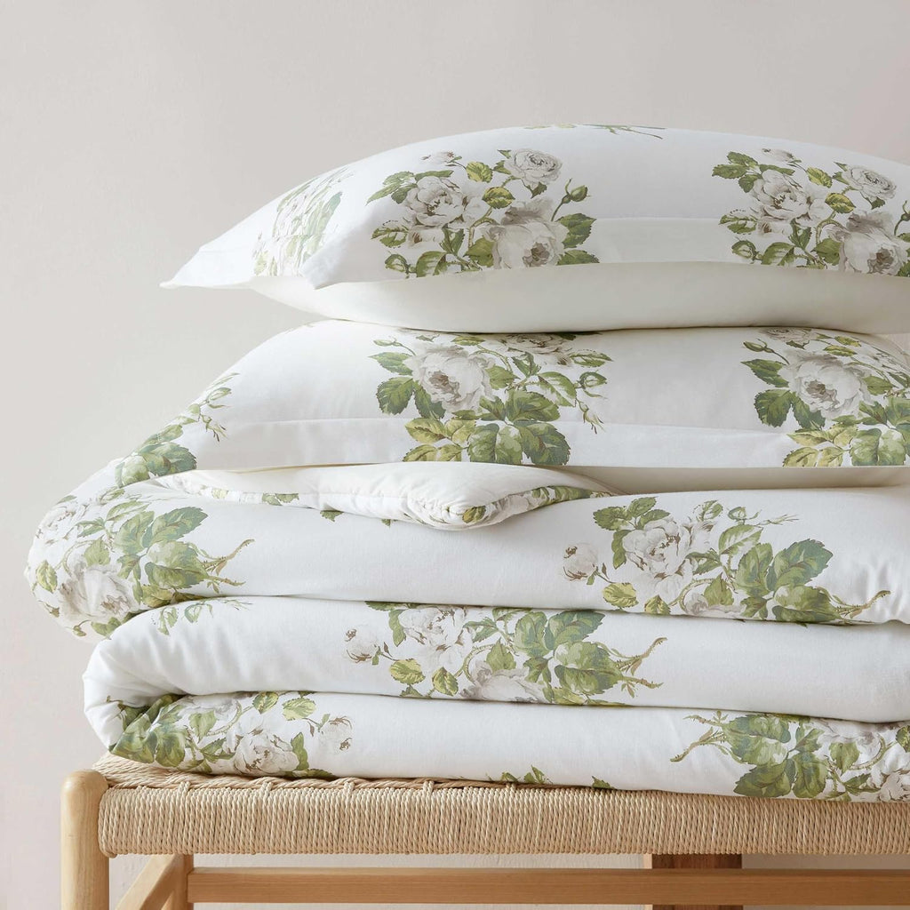 Martha Stewart - King Comforter Set, Smooth Sateen Front with Subtle Sheen & Lightweight Cotton Percale Reverse, 3 Piece Bed Set with Matching Pillowcases (Eloise Floral Grey)