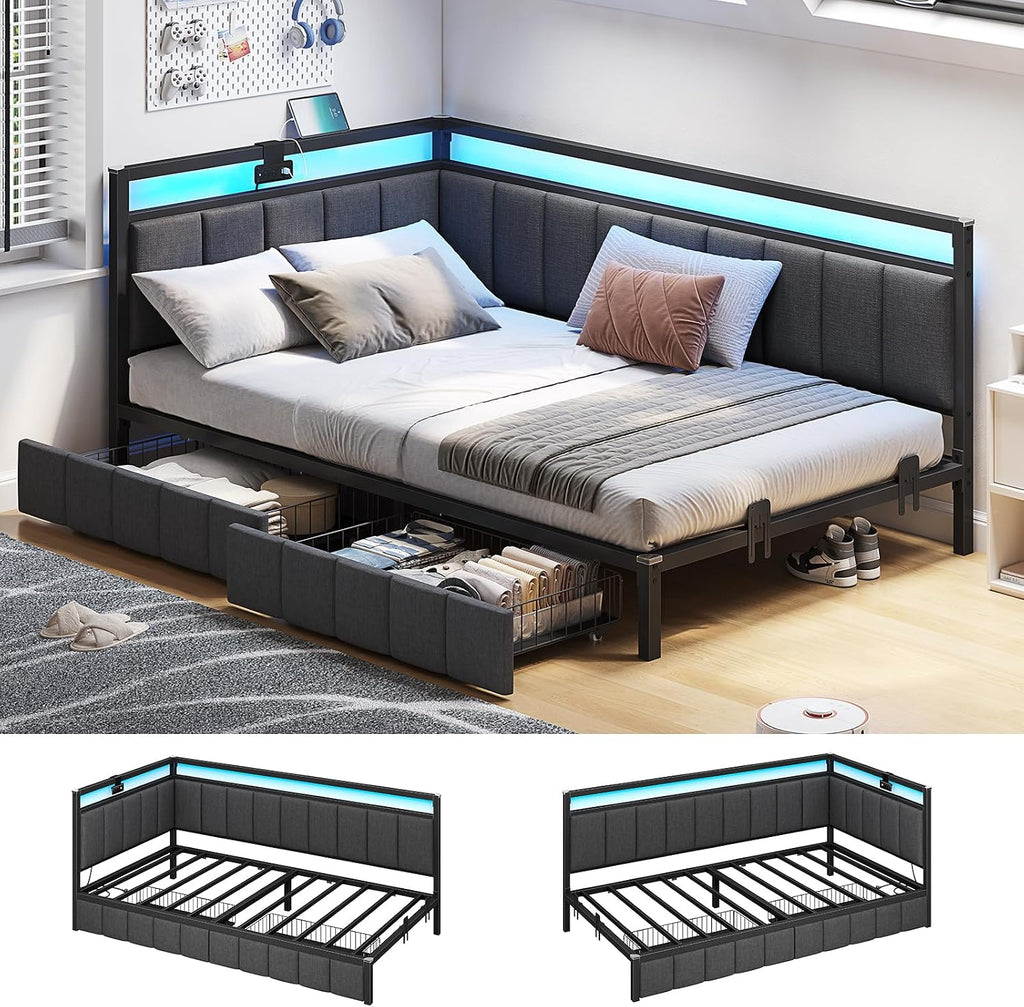 Hasuit Corner Bed Frame with Storage Drawers, Twin XL Daybed with Line Fabric Upholstered Fence, Kids Bed Unit with LED Light and Charging Station, Modern Bed Frame Twin XL Size, Gray