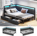Hasuit Corner Bed Frame with Storage Drawers, Twin XL Daybed with Line Fabric Upholstered Fence, Kids Bed Unit with LED Light and Charging Station, Modern Bed Frame Twin XL Size, Gray