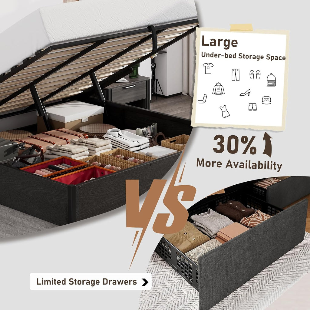 LUXOAK 3 Pieces Bedroom Sets, Includes King Size Lift Up Storage Platform Bed Frame, 2 Drawers Farmhouse Nightstand Set of 2 with Charging Station, No Box Spring Needed, Black
